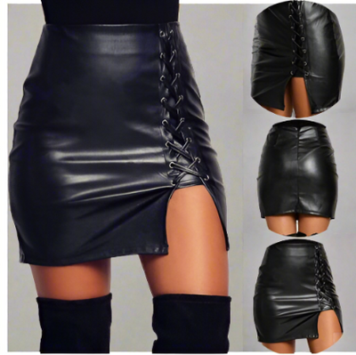 Incredible Black Lace Up Leather Skirt 360 view