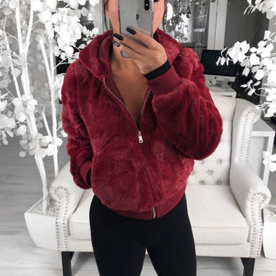 Stylish Short Fur Coat Wine Red front view