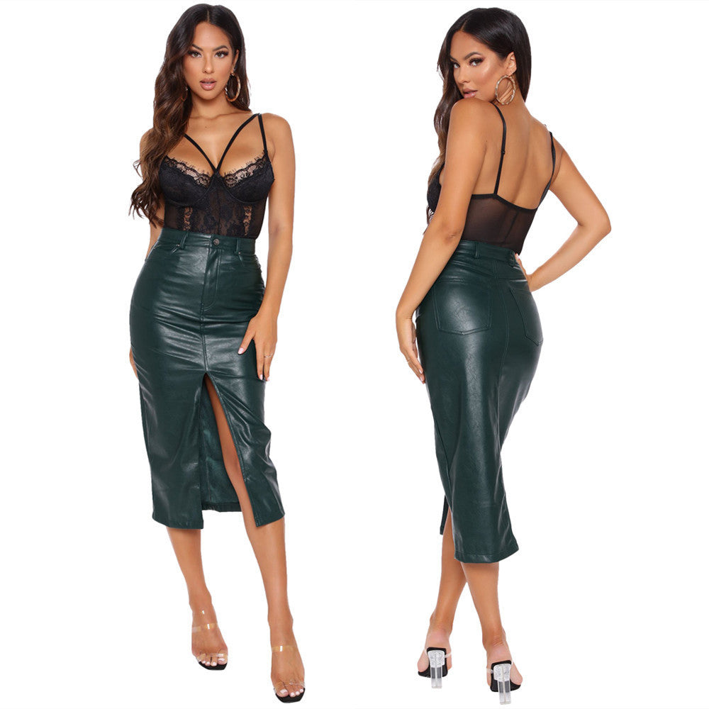 Seductive Long Slit Skirt Dark Green front & rear