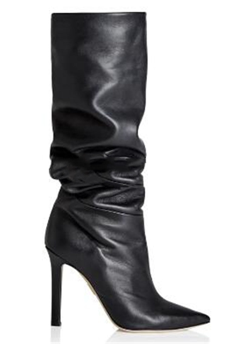 Mid Knee Creased Boots Black side view