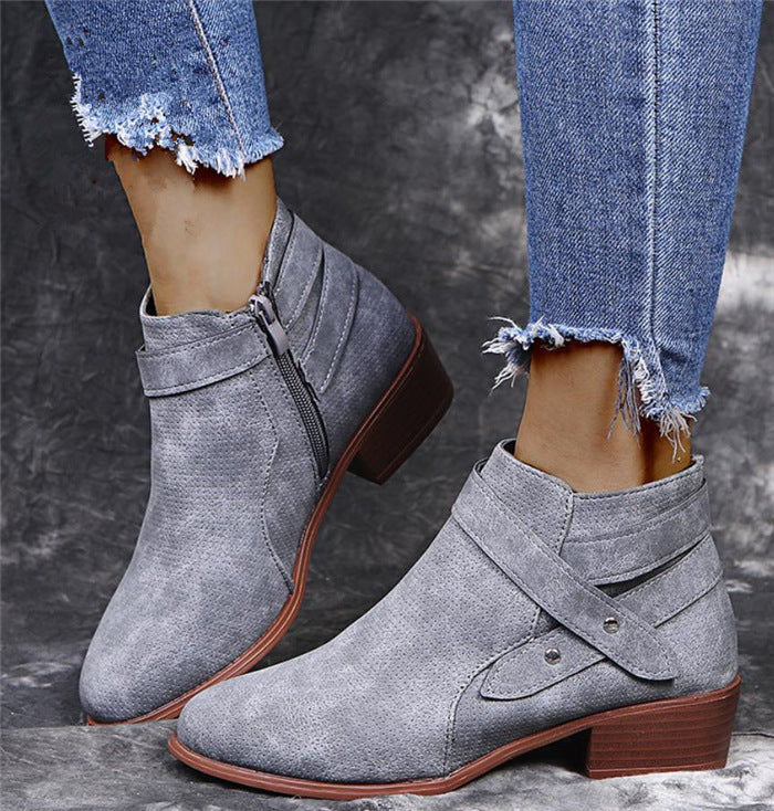 Thick Heel Suede Ankle Boots Grey left side view