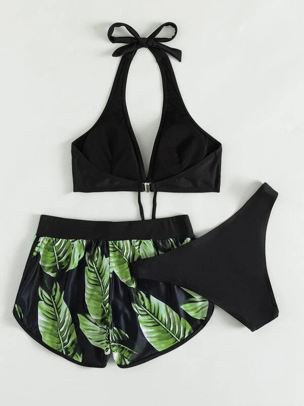 Three Piece Leaf Bikini Suit Dark Green