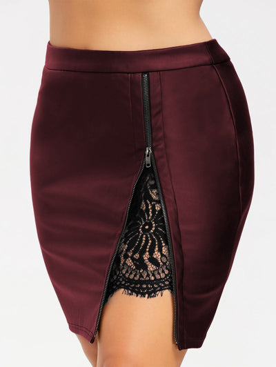 Short Leather & Lace Hip Skirt Wine Red front view