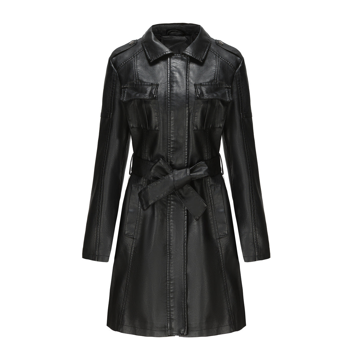 Super Chic Mid-Length Leather Coat With Belt