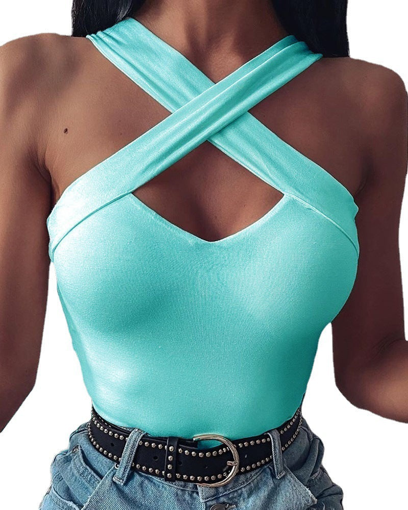 Off The Shoulder Cross Neck Top Aqua Blue