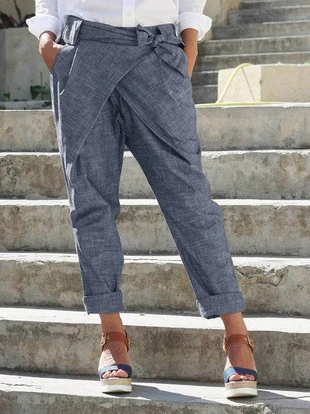 Tres Chic Cross Over Bow Tie Pants Grey