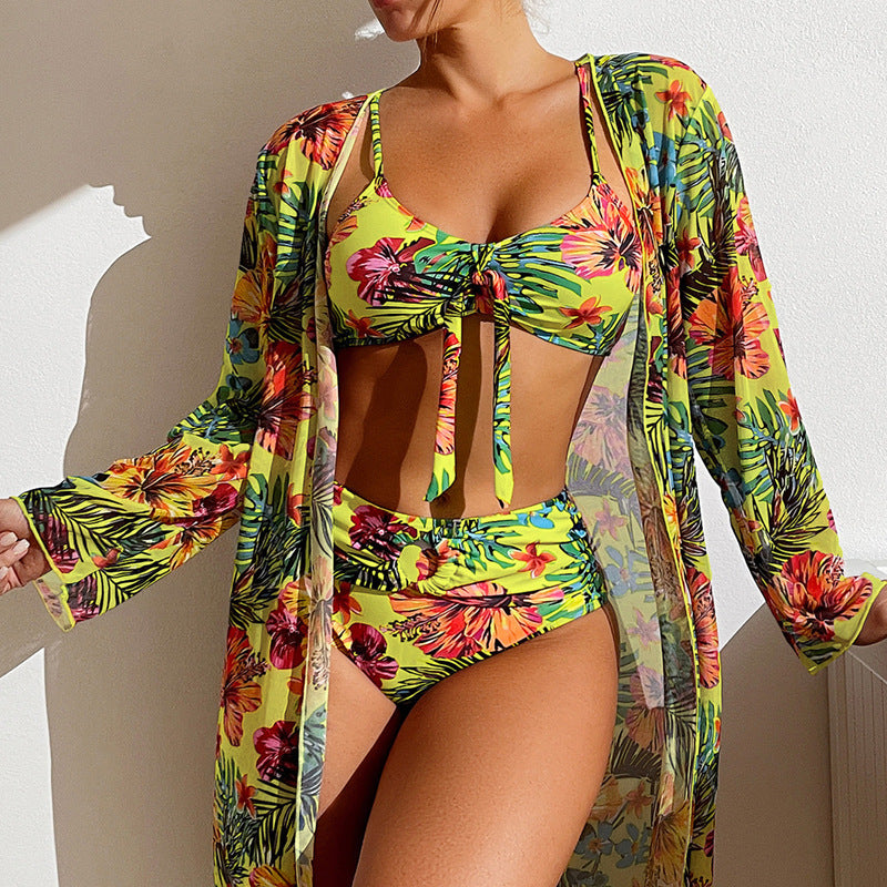 Long Sleeved Sexy Three Piece Swimwear Suit Flourescein front view