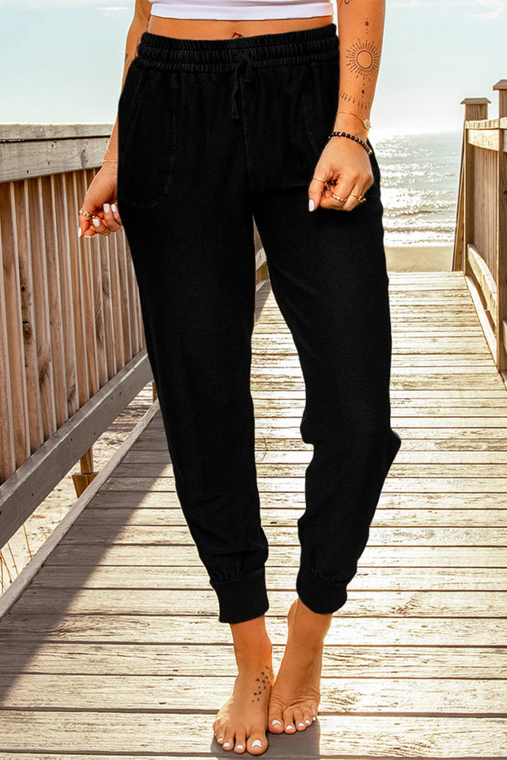 Black Capris Pants, Inelastic, Drawstring, Pockets, Loose Fit