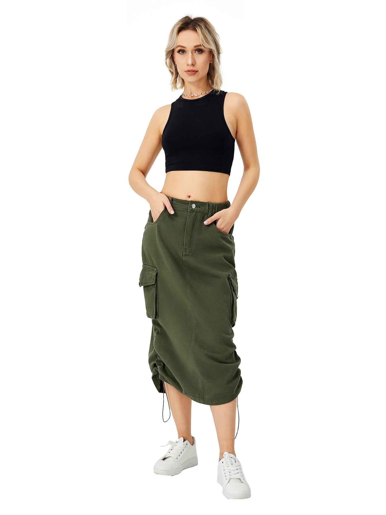 Stylish Ladies Long Cargo Skirt Army Green