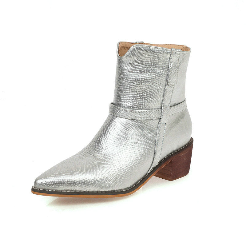 Retro Style Leather Ankle Boots Silver left view