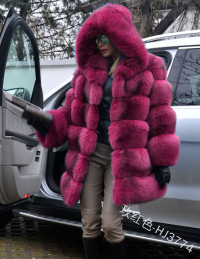 Luxury Short Faux Fur Coat Rose Red front view