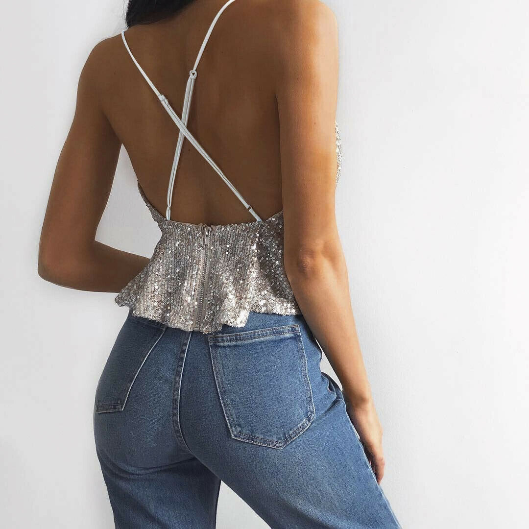 Beautiful Open Back String Crop Top Silver rear view