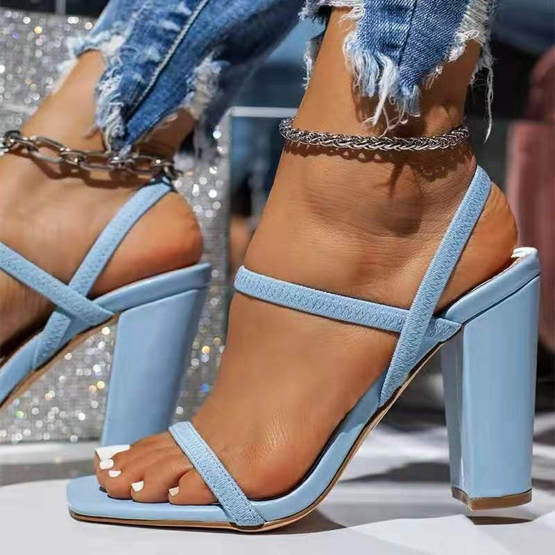 Beautiful Cross Strap Solid Heel Shoes Sky Blue side view