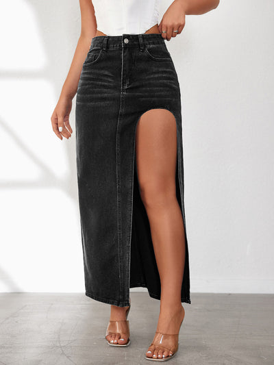 High Slit Long Denim Skirt Black front view