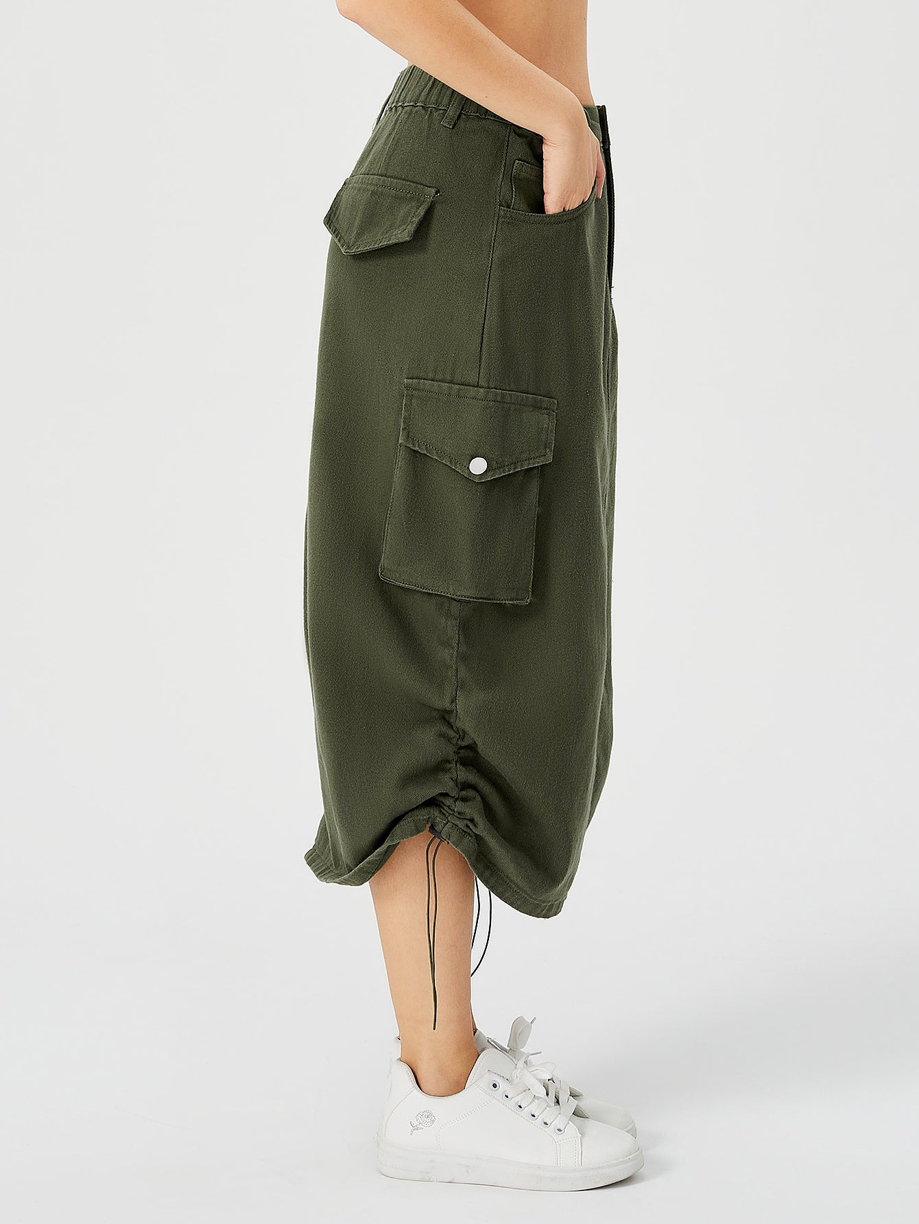 Stylish Ladies Long Cargo Skirt Army Green right side view