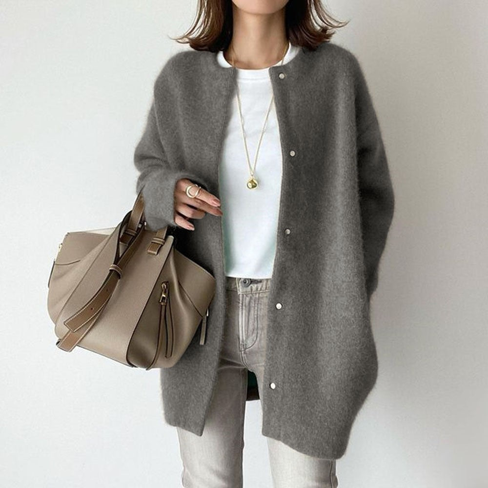 Elegant Knitted Cardigan Jacket Grey front view