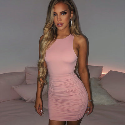 Sleeveless Hollow Back Pleated Short Skirt Dress Pink