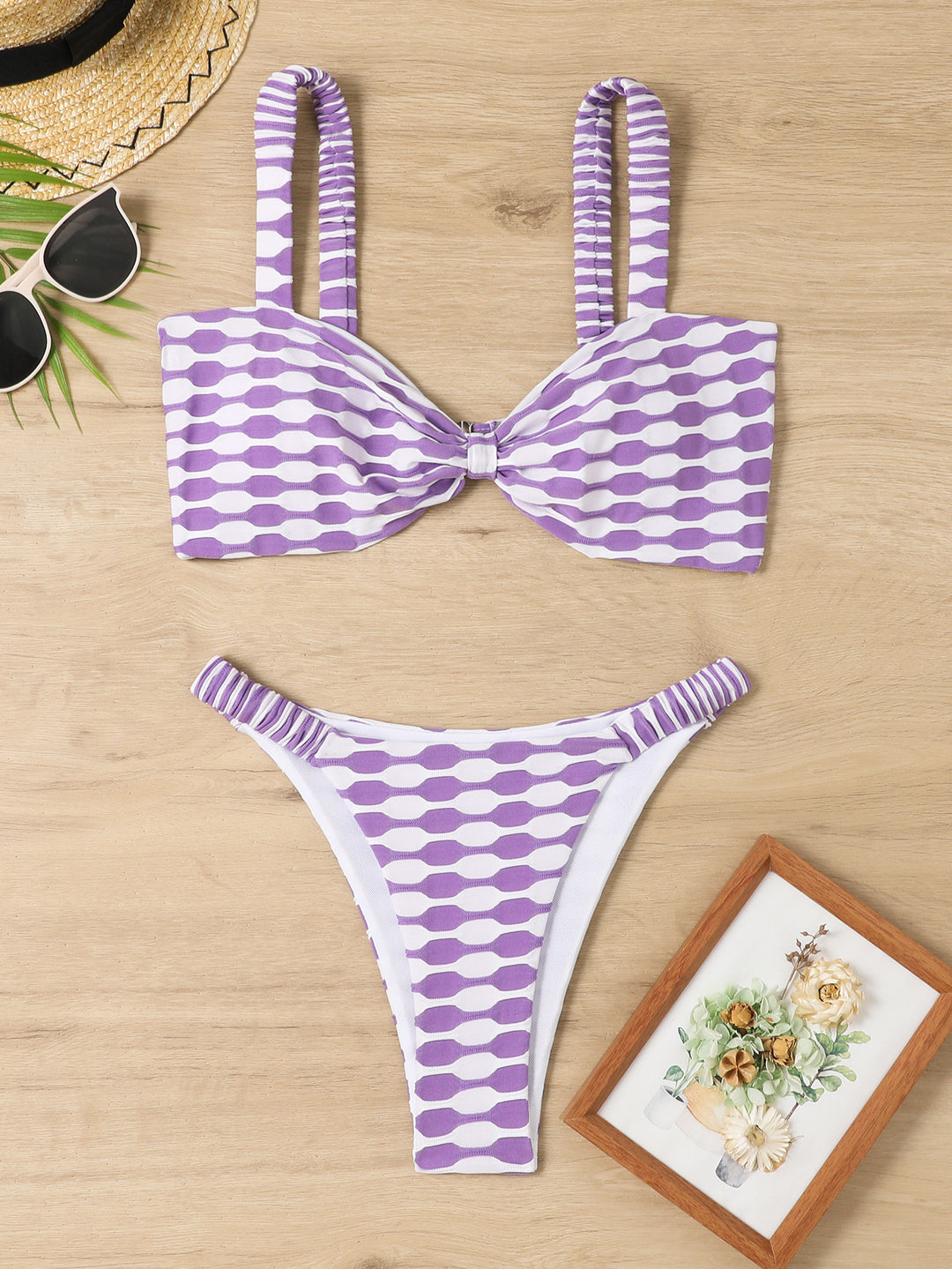 Dazzling Striped Bikini Swimsuit Purple 