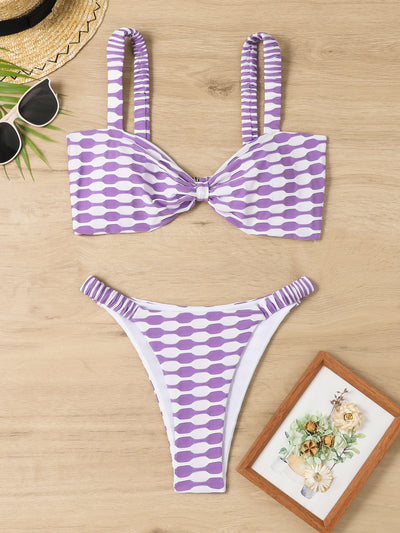 Dazzling Striped Bikini Swimsuit Purple 