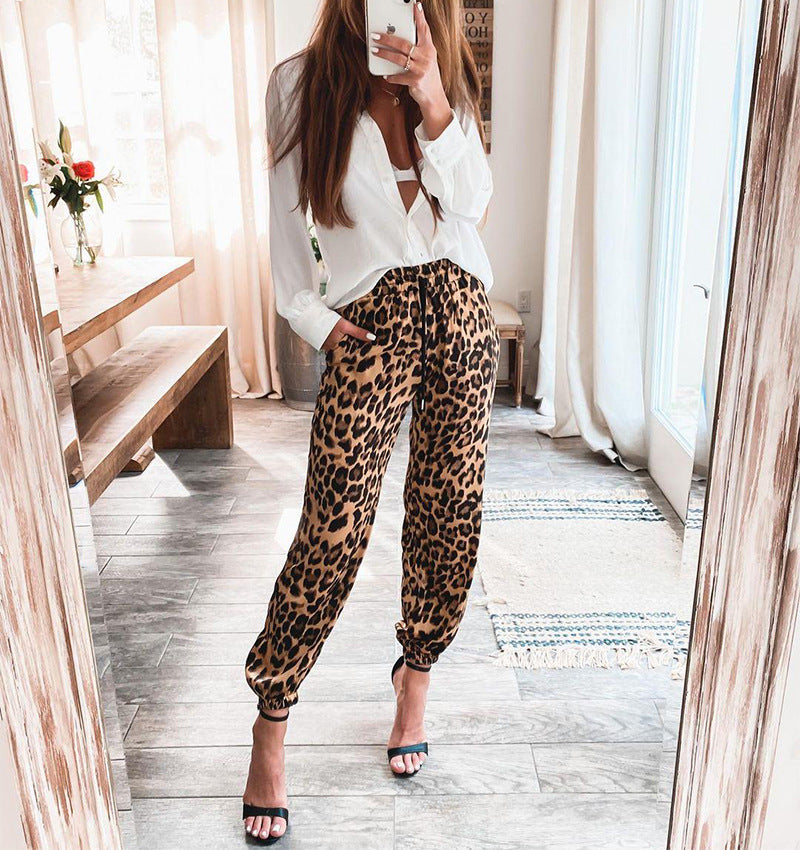 Trendy Leopard Print Pants Khaki