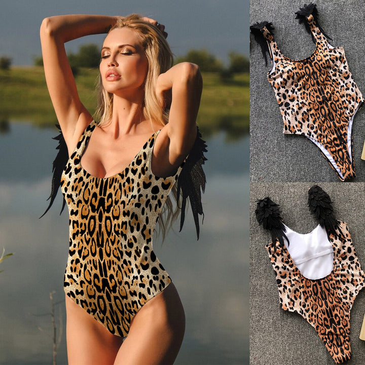 Sexy Single Piece Winged Bikini Swimsuit Leopard front view