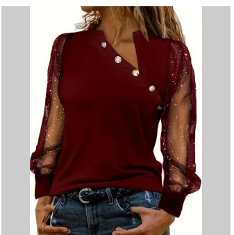 Captivating Mesh Sleeve Top Wine Red 