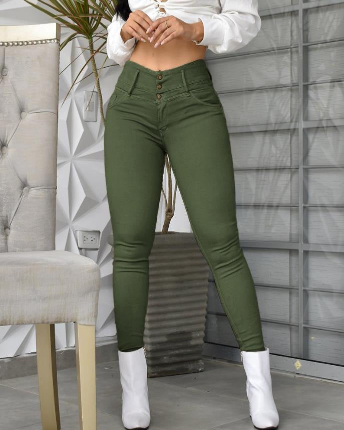 Elegant High Waist Tight Pants Army Green