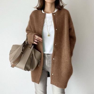 Elegant Knitted Cardigan Jacket Coffee front view