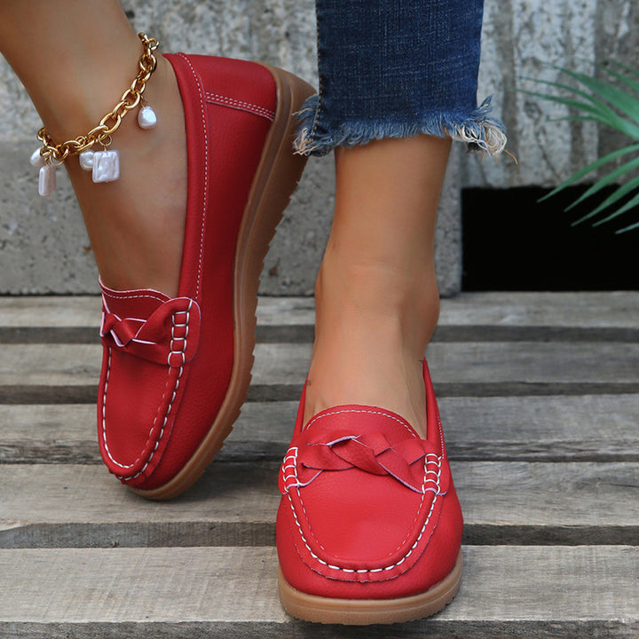 Stylish Ladies Flat Soft Leather Shoes Red front view