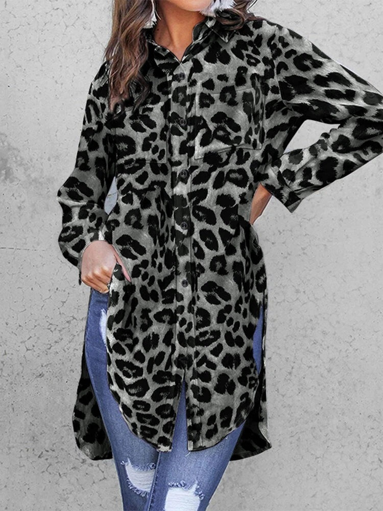 Gorgeous Leopard Print Split Shirt Grey