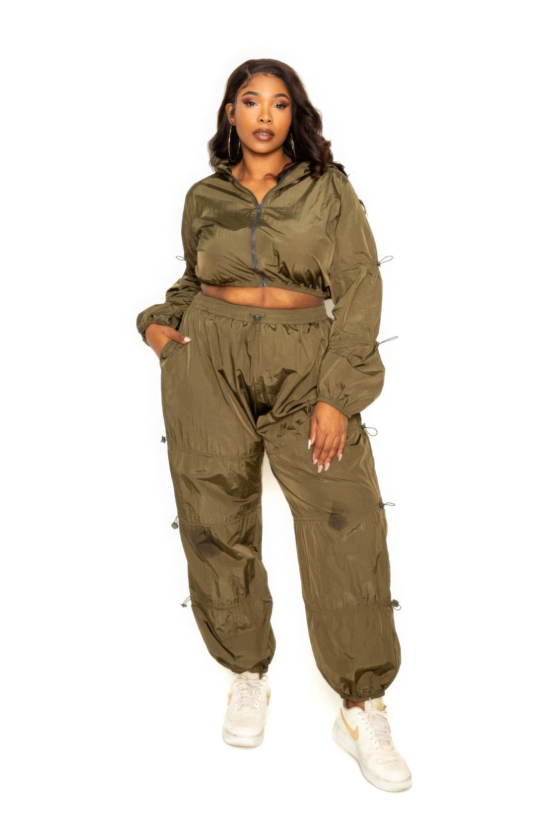 Activewear Zip Up Set, Olive, Side Cord Lock, Lightweight, Zipper,  front view.