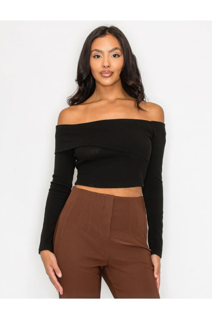 Bardot Ribbed Long Sleeve Crop Top, Black, front view.