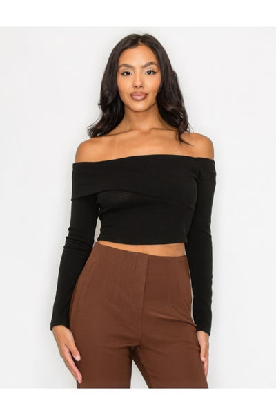 Bardot Ribbed Long Sleeve Crop Top, Black, front view.