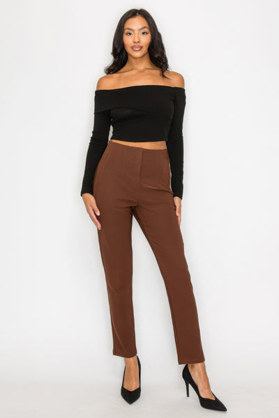 Bardot Ribbed Long Sleeve Crop Top, Black, Front view image 2