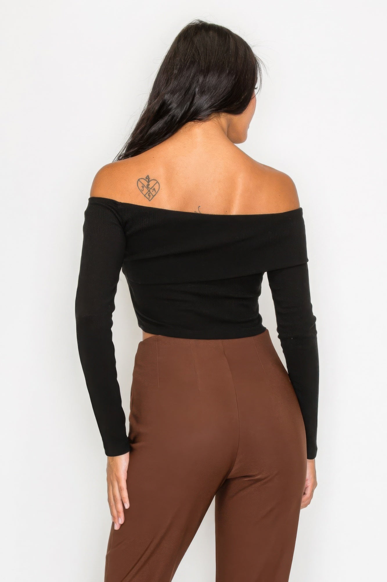 Bardot Ribbed Long Sleeve Crop Top, Black, rear view.