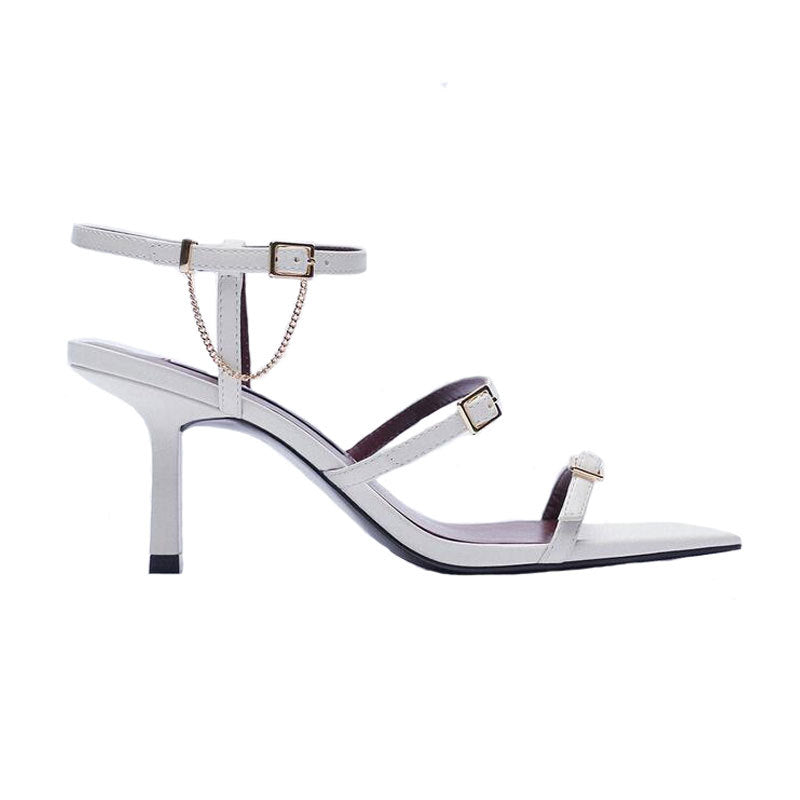 Beautiful White Three Step Stiletto Shoes, Three Strap, Buckle Closure, Square Toe, side view.