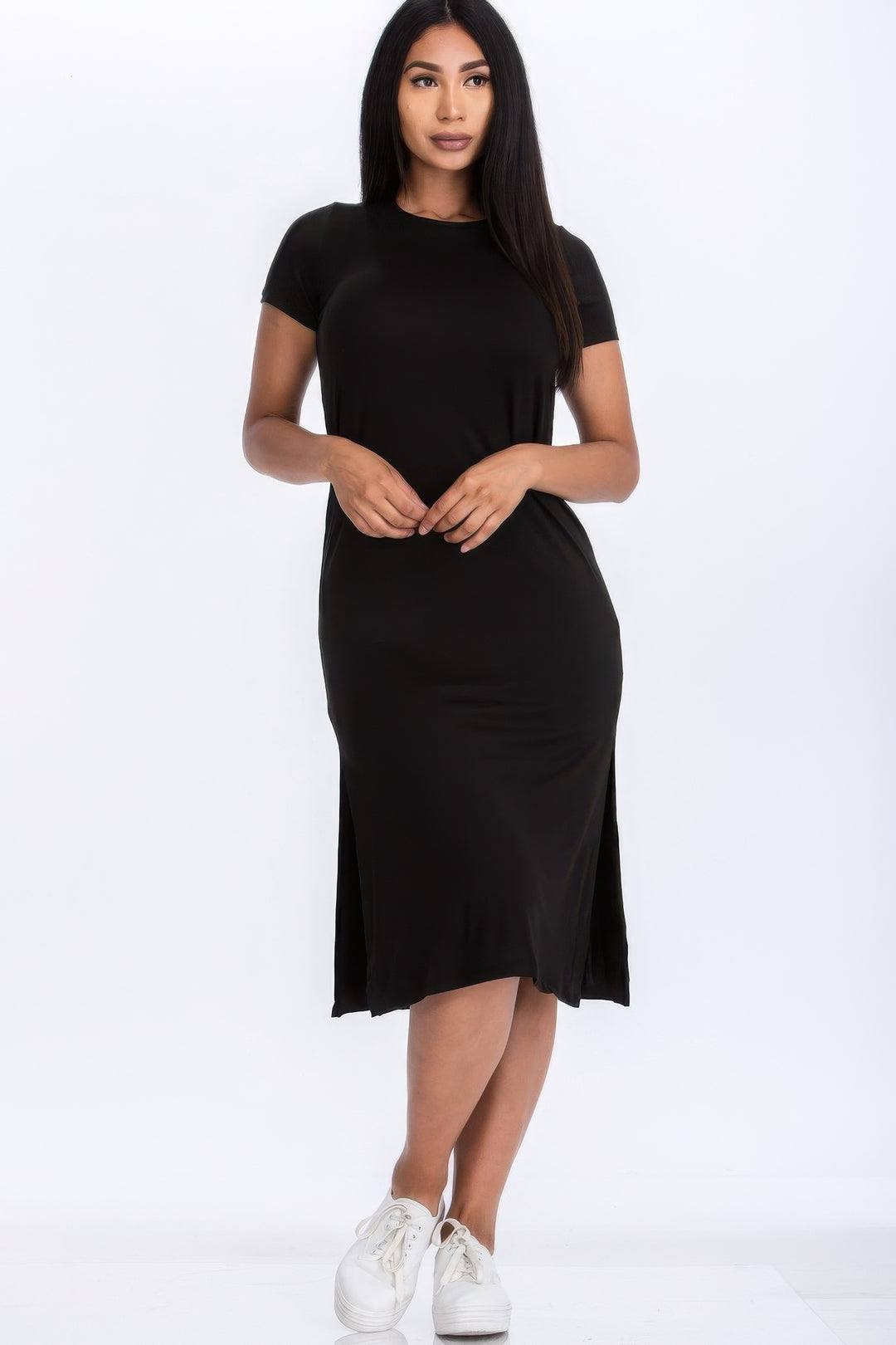 Black Side Slit Midi Dress, Short Sleeve, Lightweight, Soft, Breathable, Stretch Fabric.