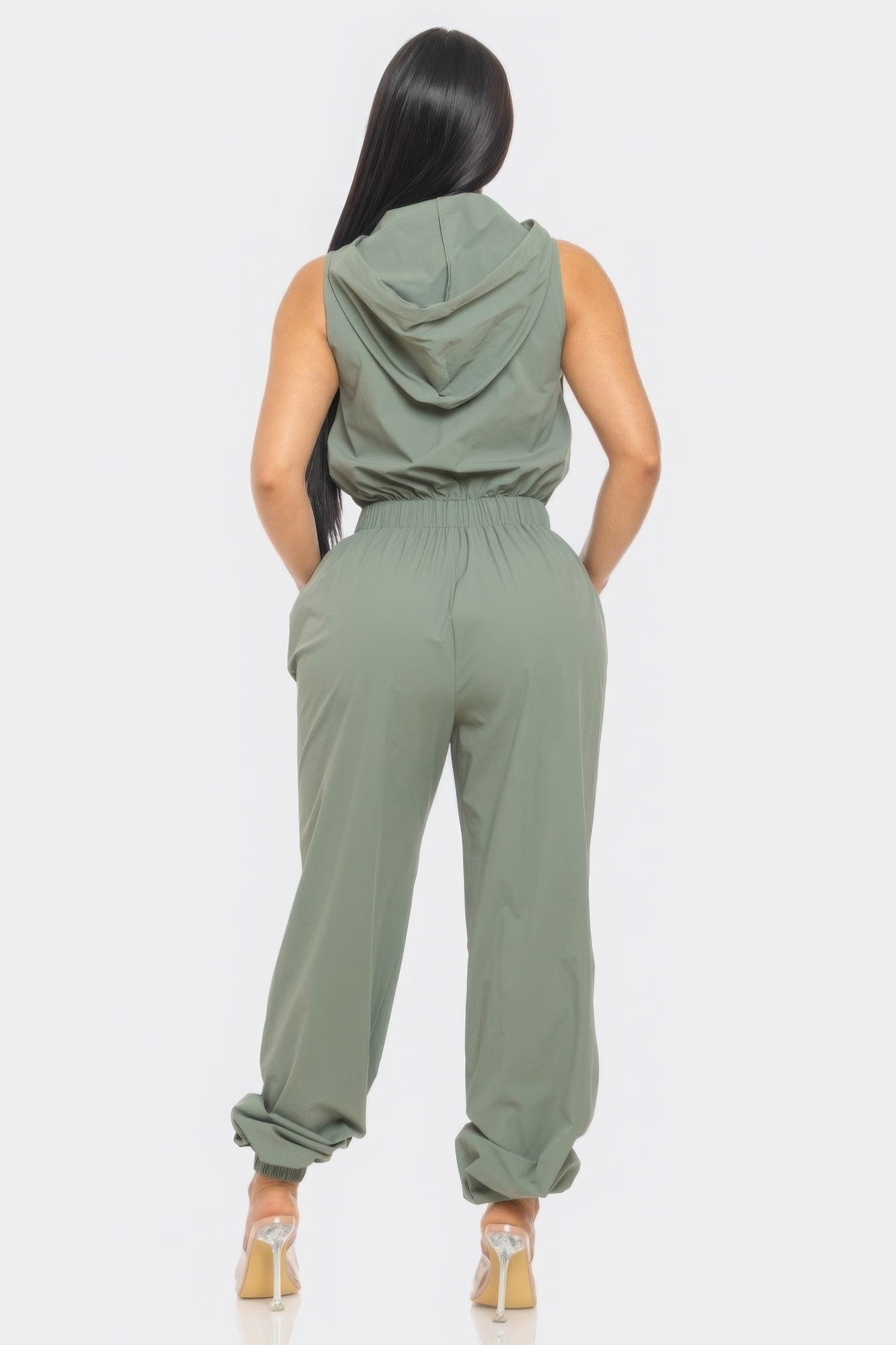 Cargo Jumpsuit Grey, Pockets, Hoodie, Drawstring, rear view.