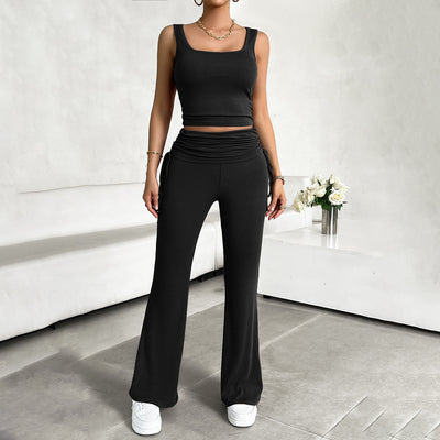 Casual Sleeveless Vest & Pants Suit Black front view