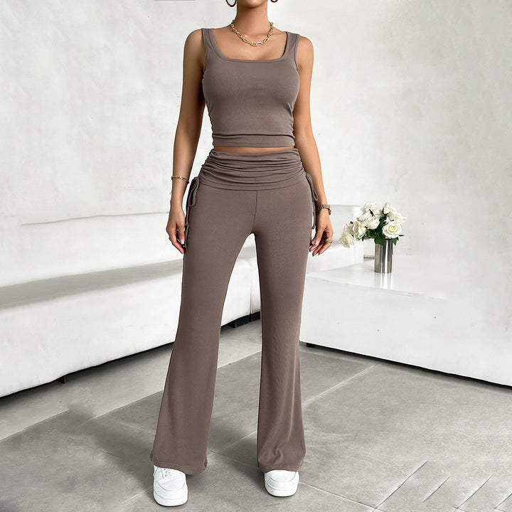 Casual Sleeveless Vest & Pants Suit Brown front view