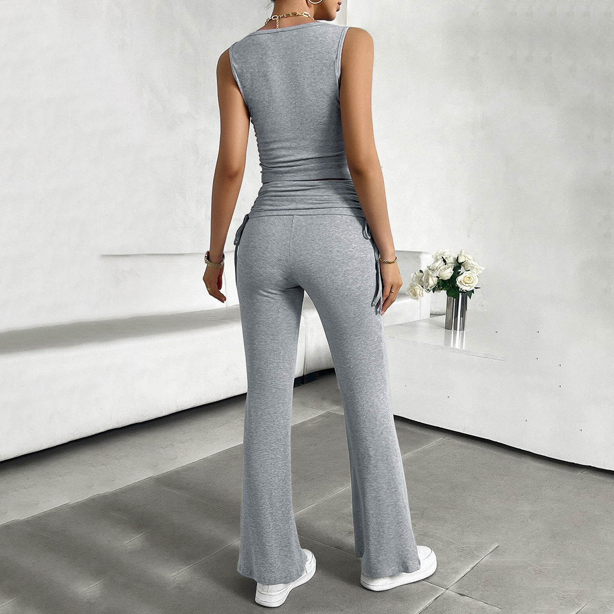 Casual Sleeveless Vest & Pants Suit Grey rear view