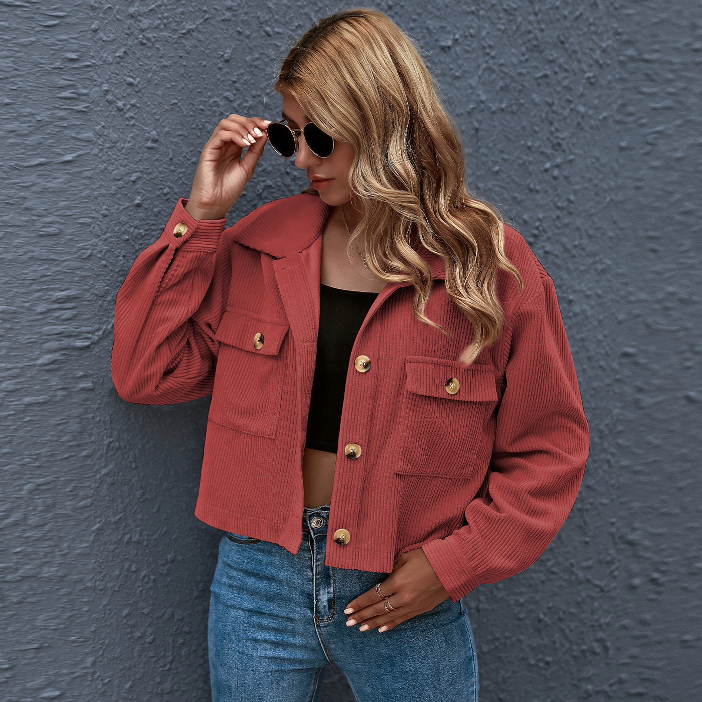 Chic Corduroy Shirt Jacket Red front view