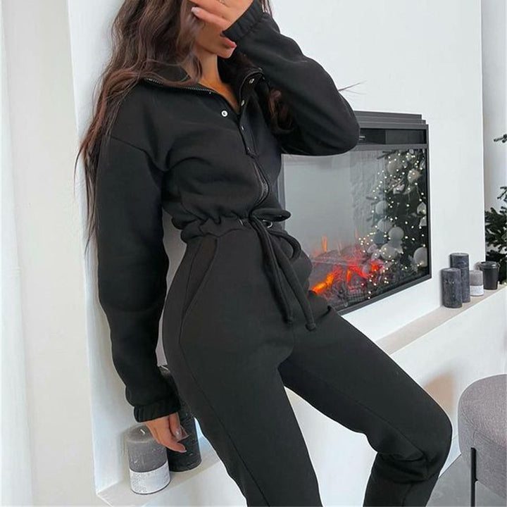 Chic Leisure Jumpsuit Black, Long Sleeve, Zipper, Drawstring Waist Tie, Collar