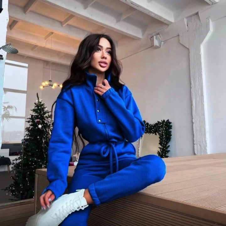 Chic Leisure Jumpsuit Blue, Long Sleeve, Zipper, Drawstring Waist Tie, Collar