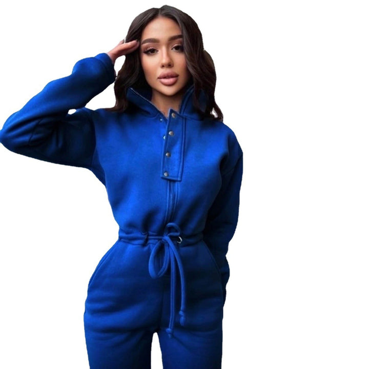 Chic Leisure Jumpsuit Blue, Long Sleeve, Zipper, Drawstring Waist Tie, Collar