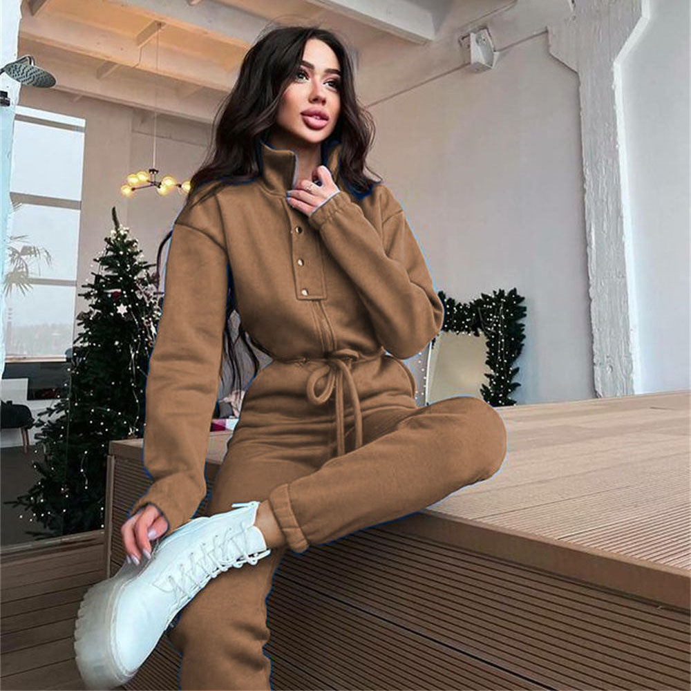 Chic Leisure Jumpsuit Camel, Long Sleeve, Zipper, Drawstring Waist Tie, Collar