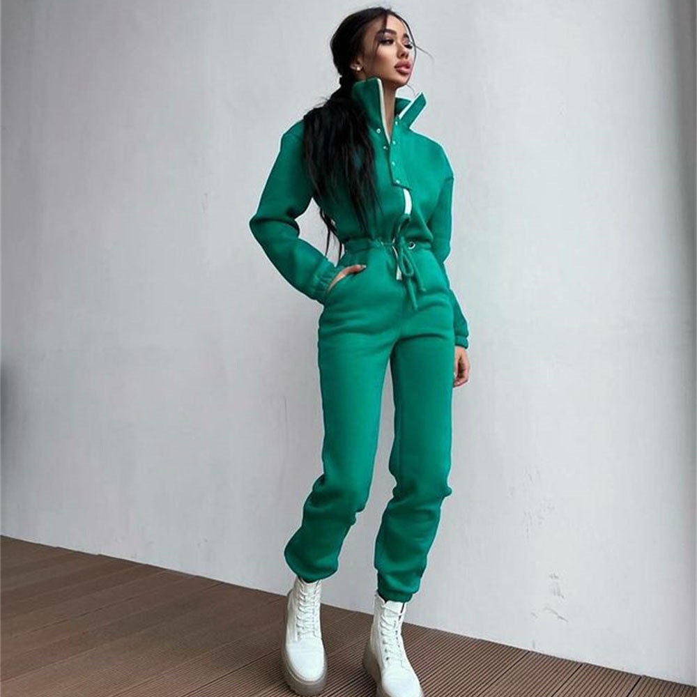 Chic Leisure Jumpsuit Dark Green, Long Sleeve, Zipper, Drawstring Waist Tie, Collar