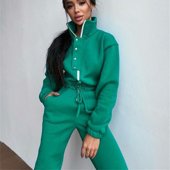 Chic Leisure Jumpsuit Dark Green, Long Sleeve, Zipper, Drawstring Waist Tie, Collar