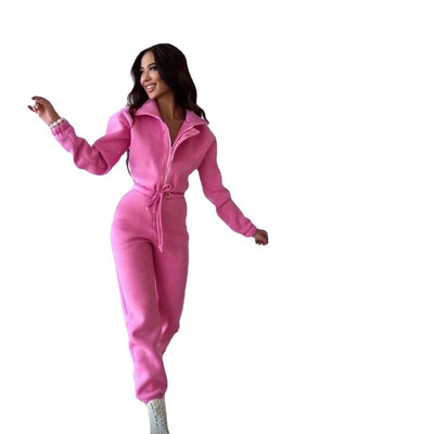 Chic Leisure Jumpsuit Pink, Long Sleeve, Zipper, Drawstring Waist Tie, Collar