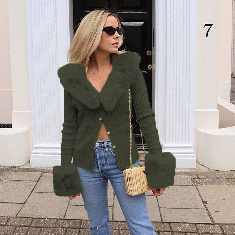 Cute & Chic Long Sleeve Fur Coat Army Green front view